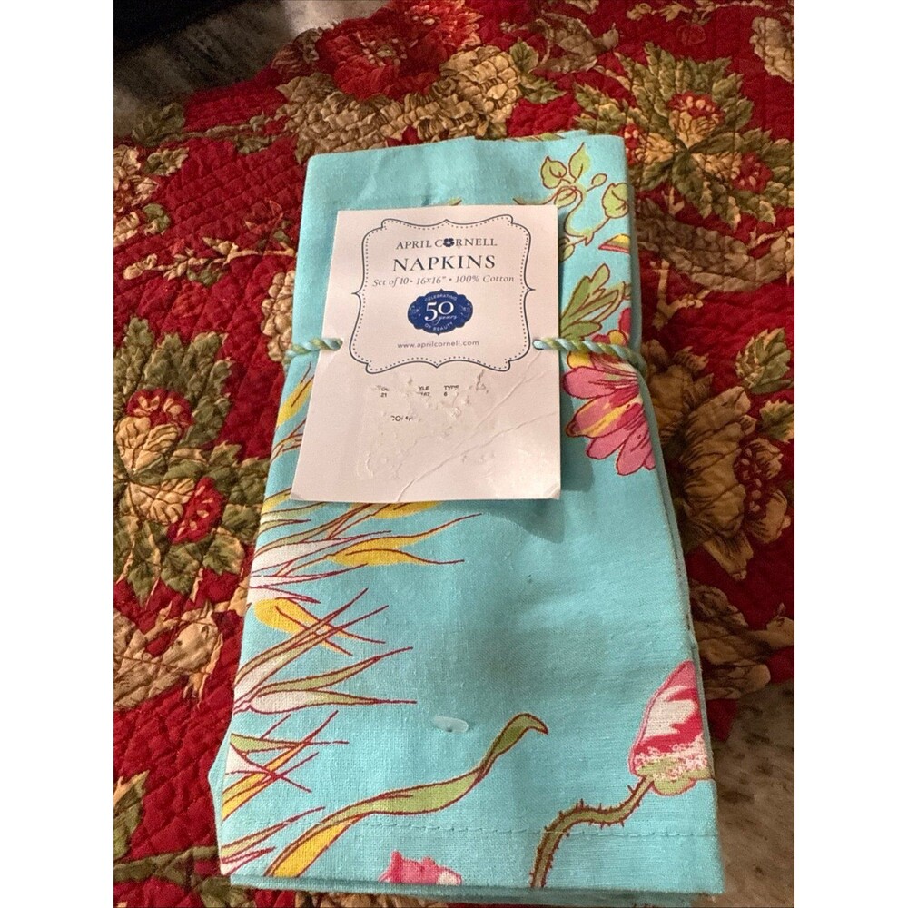 April Cornell NAPKINS (10) AQUA WILDFLOWERS 16x16 100% Cotton NIP